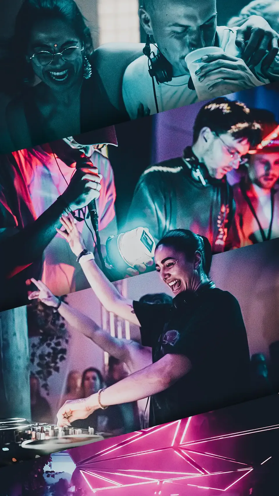 Story-Collage: Clubnacht mit DJs und Neonlicht